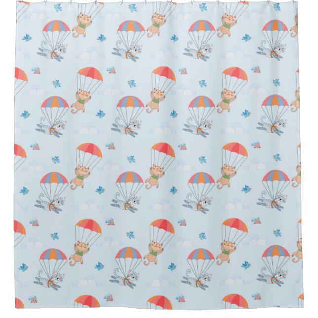 Skydiver Cat Seamless Pattern Shower Curtain (Front)
