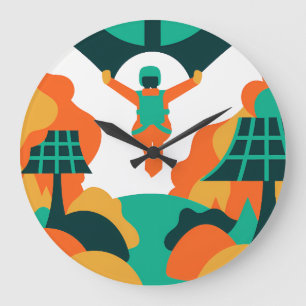 Skydiver Descending Over Solar Powered Landscape Large Clock