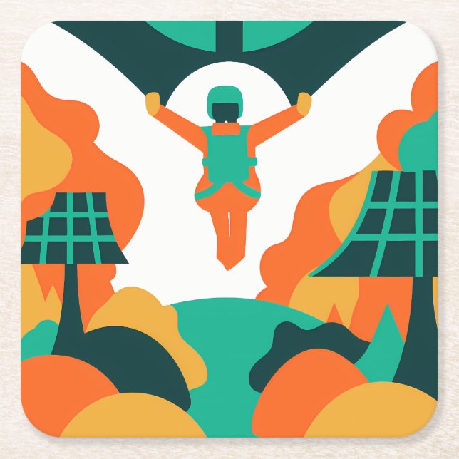 Skydiver Descending Over Solar Powered Landscape Square Paper Coaster (Front)