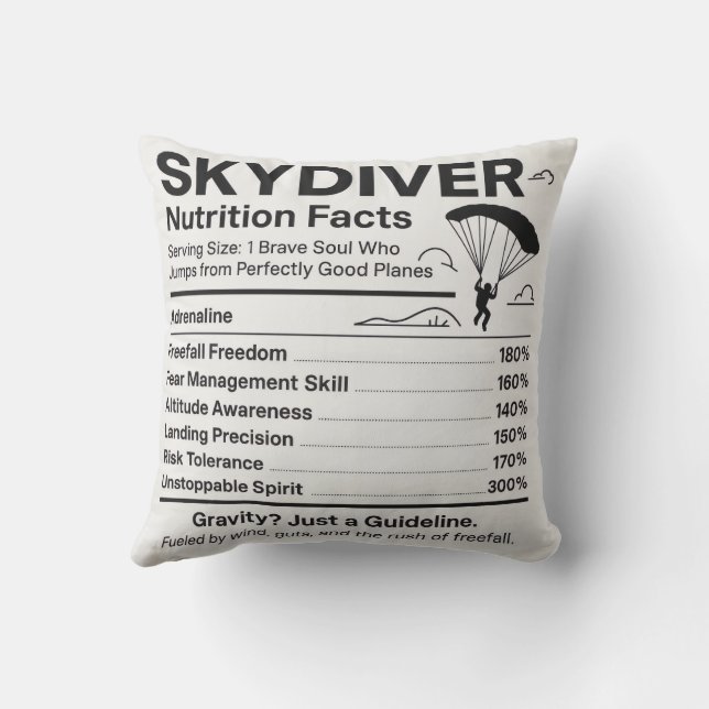 Skydiver Nutrition Facts Throw Pillow Gift for Sky (Back)
