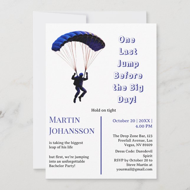 Skydiving Bachelor Party Funny Adventure Theme Invitation (Front)