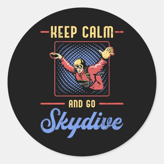 Skydiving Skydiver Retro Keep Calm Funny Gift Classic Round Sticker (Front)