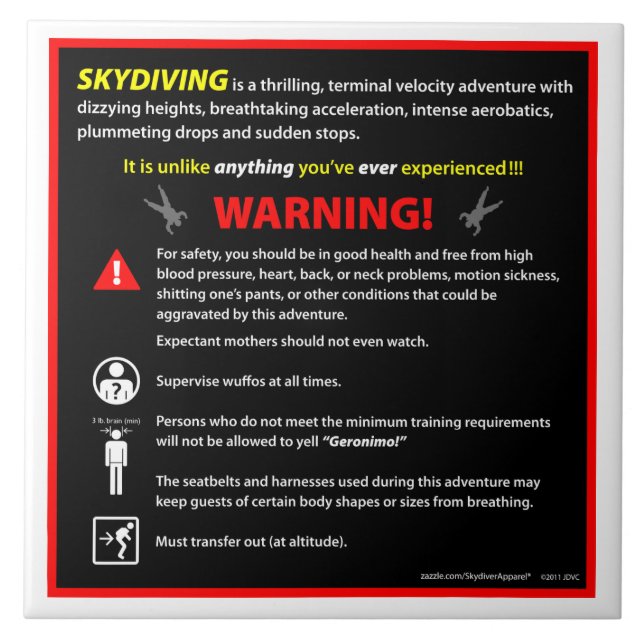 SKYDIVING Theme Park Warning Sign Tile (Front)