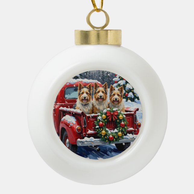 Skye Terrier Christmas Red Truck Holiday Ceramic Ball Christmas Ornament (Front)