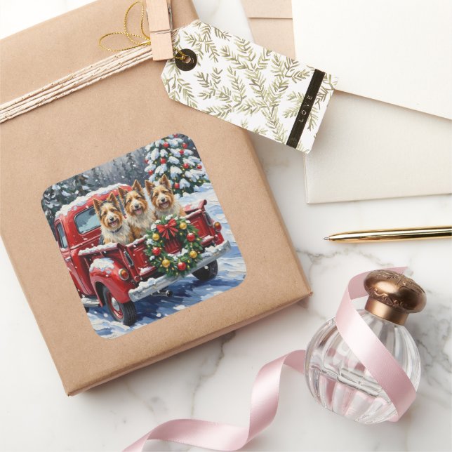 Skye Terrier Christmas Red Truck Holiday Square Sticker (Gifting)