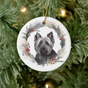 Skye Terrier Christmas Wreath Festive Pup Ceramic Ornament