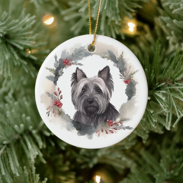 Skye Terrier Christmas Wreath Festive Pup Ceramic Ornament (Tree)