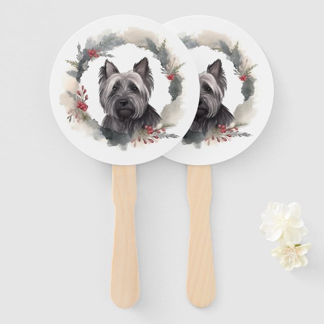 Skye Terrier Christmas Wreath Festive Pup Hand Fan (Front and Back)