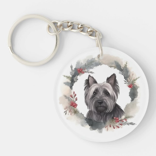 Skye Terrier Christmas Wreath Festive Pup Key Ring (Front)