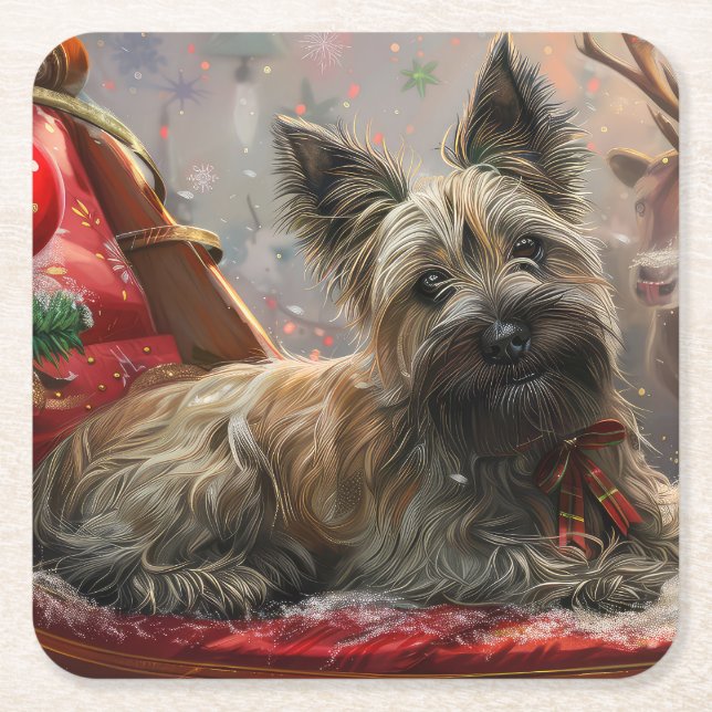 Skye Terrier Dog Christmas Festive Square Paper Coaster (Front)