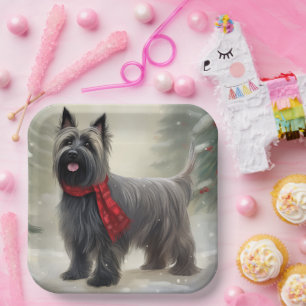 Skye Terrier Dog in Snow Christmas Paper Plate