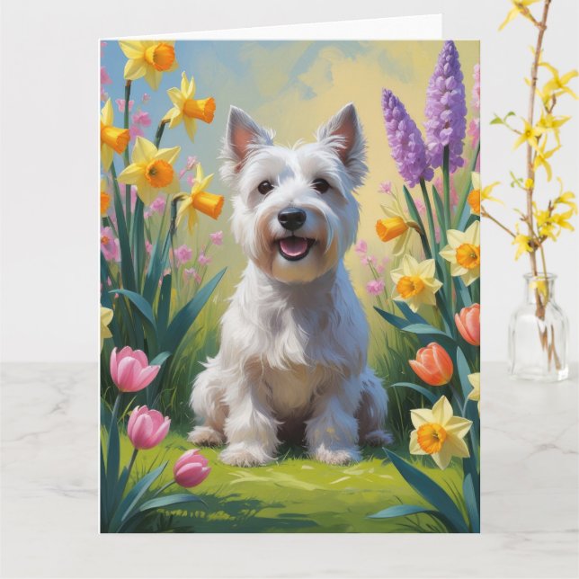 Skye Terrier Dog Spring Flowers Painting Card (Yellow Flower)