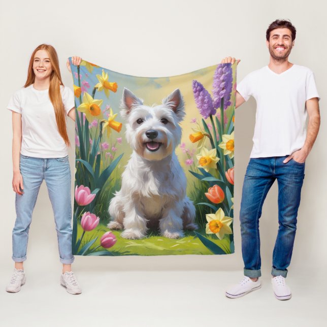 Skye Terrier Dog Spring Flowers Painting Fleece Blanket (In Situ)