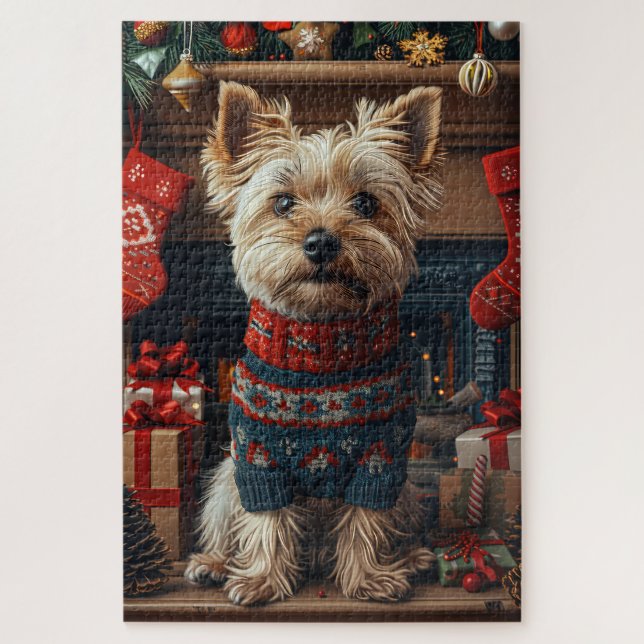 Skye Terrier Dog With Christmas Gifts Fireplace Jigsaw Puzzle (Vertical)