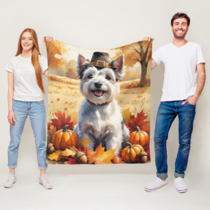 Skye Terrier In Autumn Leaves Thanksgiving Art Fleece Blanket