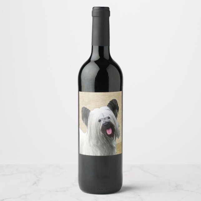 Skye Terrier Painting - Cute Original Dog Art Wine Label (Front)