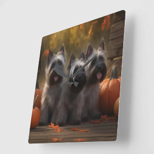 Skye Terrier Puppy Autumn Delight Pumpkin Square Wall Clock