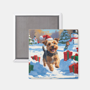 Skye Terrier Running in Snow with Christmas Hat Magnet