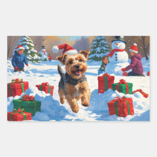 Skye Terrier Running in Snow with Christmas Hat Rectangular Sticker