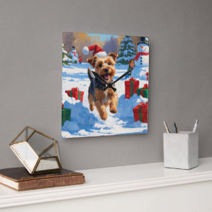 Skye Terrier Running in Snow with Christmas Hat Square Wall Clock