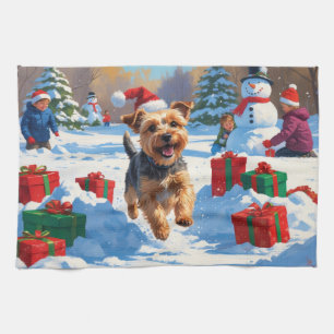 Skye Terrier Running in Snow with Christmas Hat Tea Towel