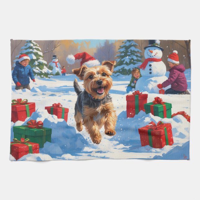 Skye Terrier Running in Snow with Christmas Hat Tea Towel (Horizontal)