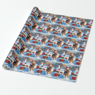 Skye Terrier Running in Snow with Christmas Hat Wrapping Paper