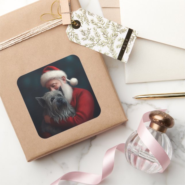 Skye Terrier With Santa Claus Festive Christmas Square Sticker (Gifting)