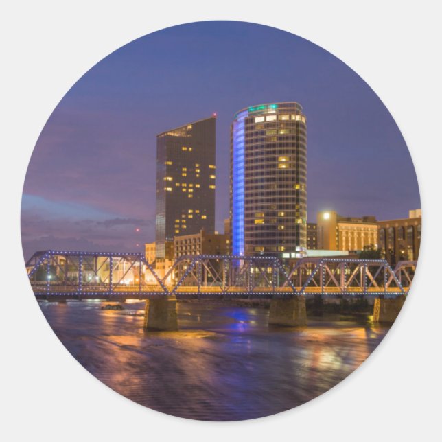 Skyline At Dusk, On The Grand River Classic Round Sticker (Front)