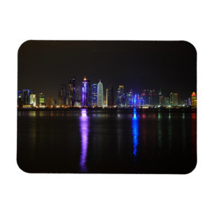 Skyline of Doha, Qatar at night rectangular magnet