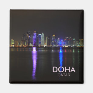 Skyline of Doha, Qatar at night square text magnet
