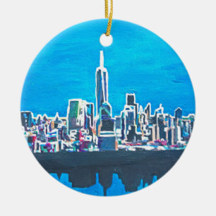 Skyline Of Manhattan New York City With Ceramic Tree Decoration