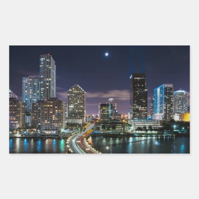 Skyline of Miami city with bridge at night Rectangular Sticker (Front)