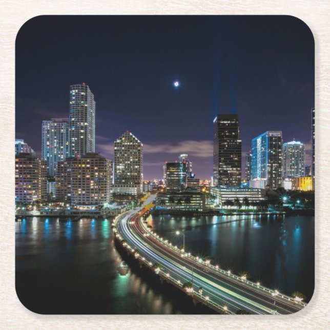 Skyline of Miami city with bridge at night Square Paper Coaster (Front)