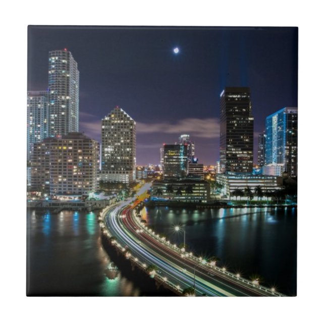 Skyline of Miami city with bridge at night Tile (Front)