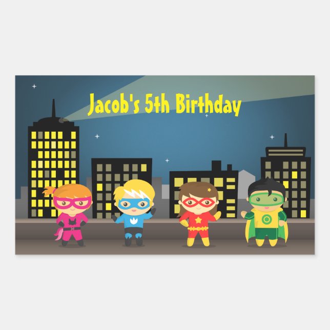 Skyline Superhero Birthday Party For Kids Rectangular Sticker (Front)