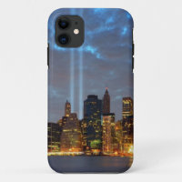 Skyline view of city in night.