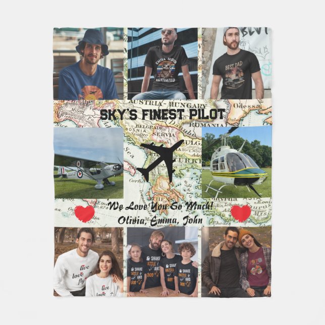 Sky's Finest Pilot, Aeroplane & Map, Photo Collage Fleece Blanket (Front)