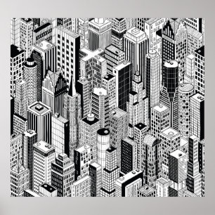 Skyscraper city illustration, isometric seamless p poster