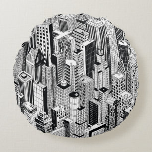Skyscraper city illustration, isometric seamless p round cushion