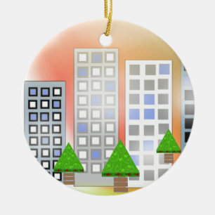 Skyscrapers with Christmas Trees Ceramic Ornament