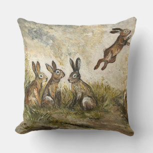 Skyward Fluff Meadow Hare Whimsical Rabbit Family  Cushion