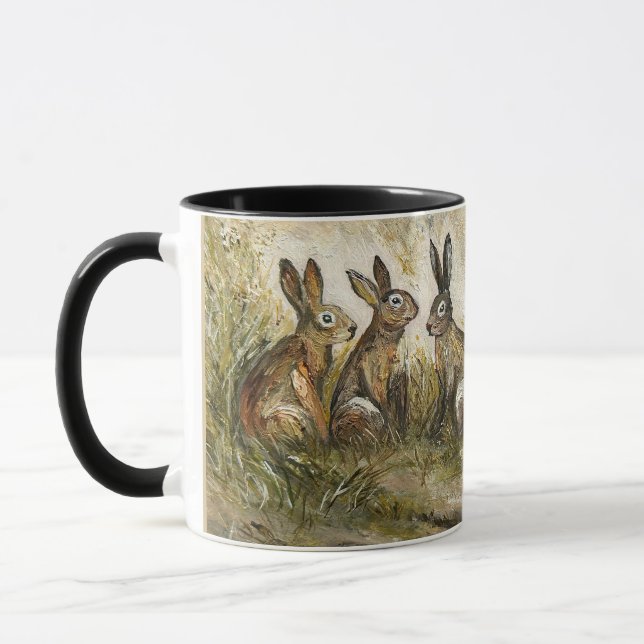 Skyward Fluff Meadow Hare Whimsical Rabbit Family  Mug (Left)