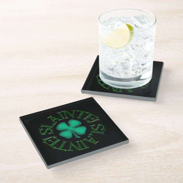Slainte black glass coaster (Angled)