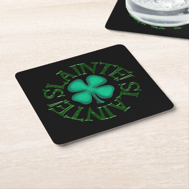 Slainte! black paper drink coasters (Angled)