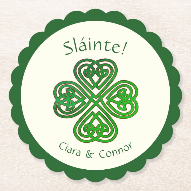 Sláinte Green Celtic Irish Shamrock Name Paper Coaster (Front)