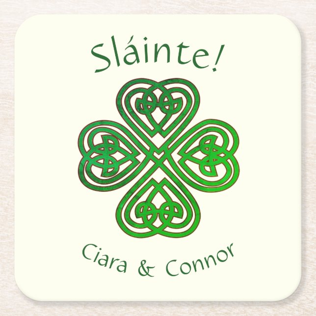 Sláinte Green Celtic Irish Shamrock Name Square Paper Coaster (Front)