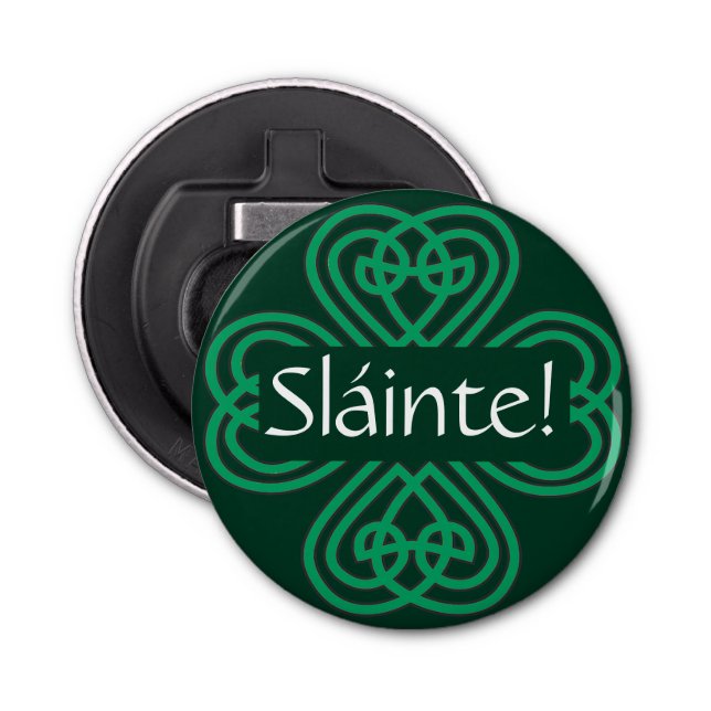 Sláinte Irish Shamrock Green Celtic Lucky Clover Bottle Opener (Front)