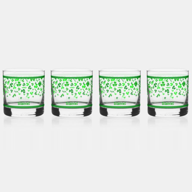 Sláinte Lucky Irish Shamrocks Design Personalised Whiskey Glass (Front)