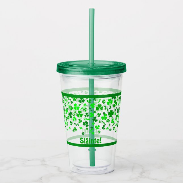 Sláinte Lucky Irish Shamrocks Design Personalized Acrylic Tumbler (Front)
